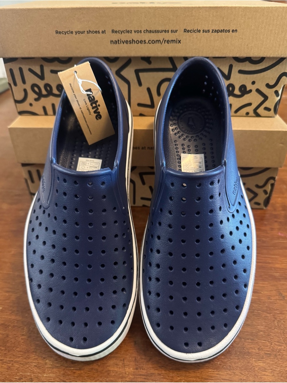 Native boys Slip-On Loafers in Navy with White Trim